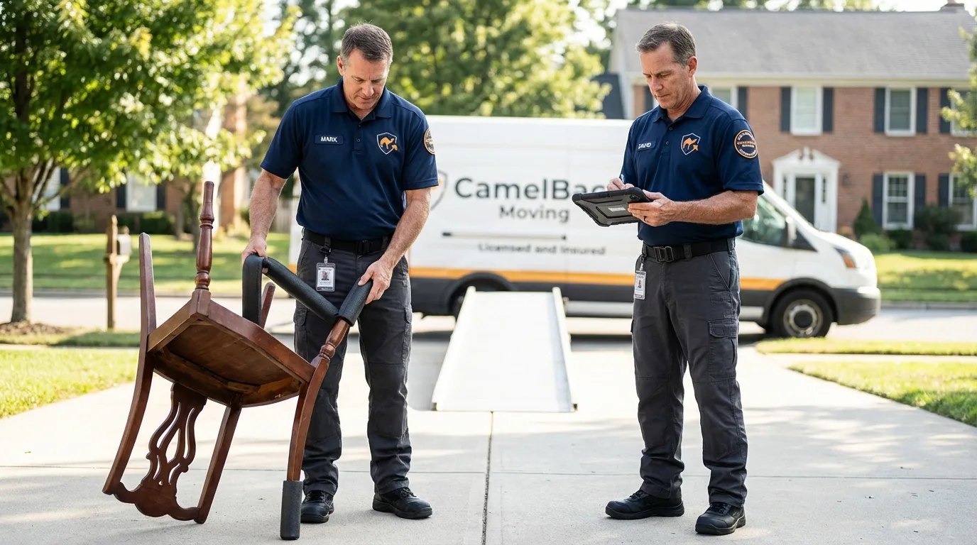 Movers inspecting furniture for damage prevention before loading in Granville, WV