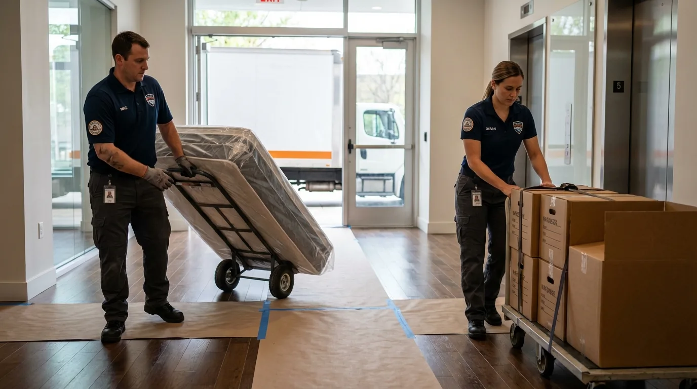 Professional apartment movers loading elevator in Granville, WV