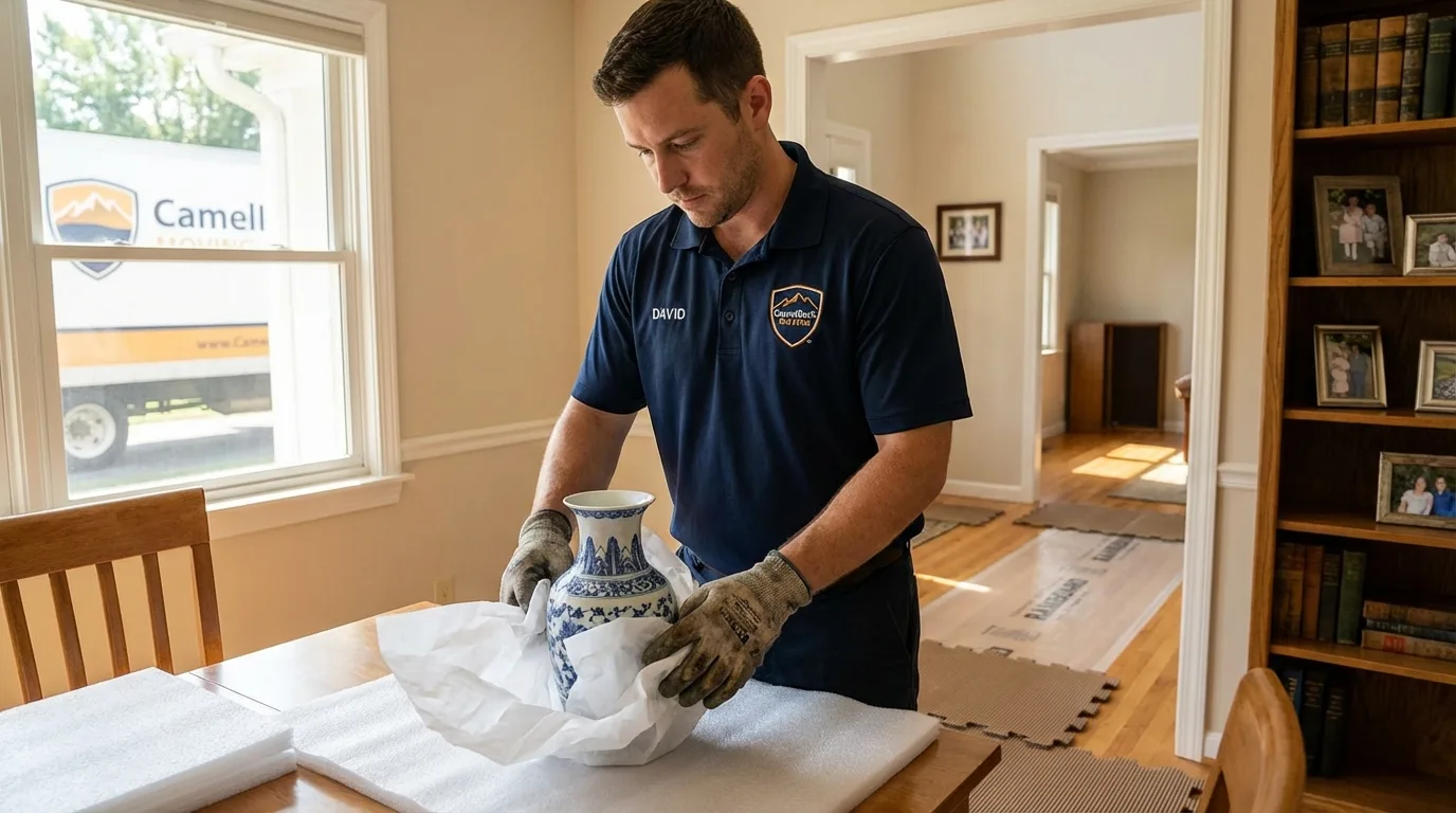 Professional crew carefully wrapping antique vase for senior downsizing move in Granville, WV